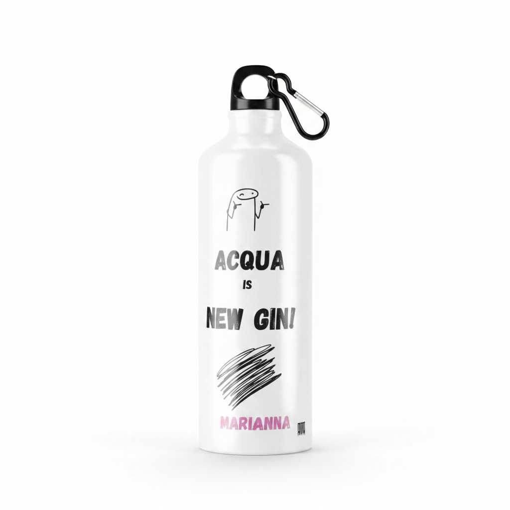 Borraccia Acqua is New Gin sfondo bianco tappo nero