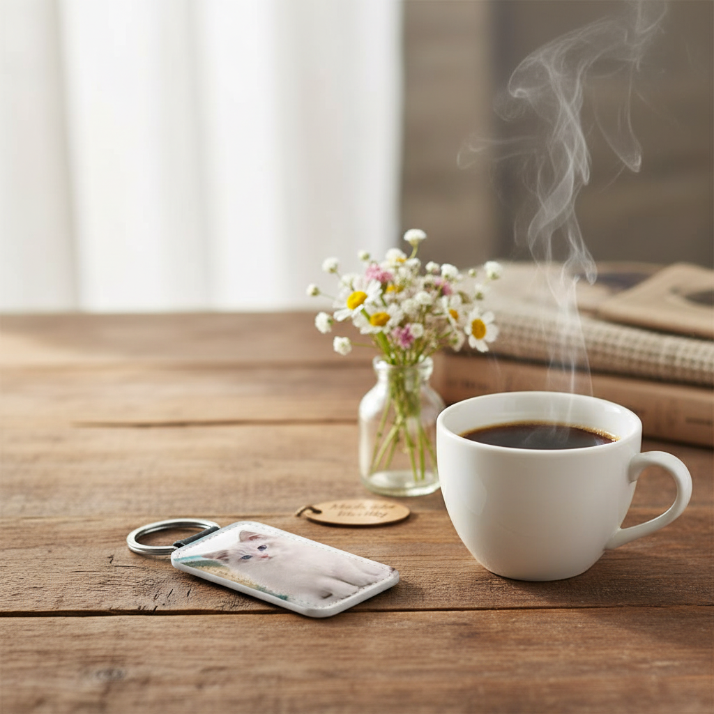 Portachiavi in ecopelle personalizzabile con foto, lifestyle su tavolo in legno con caffè e fiori