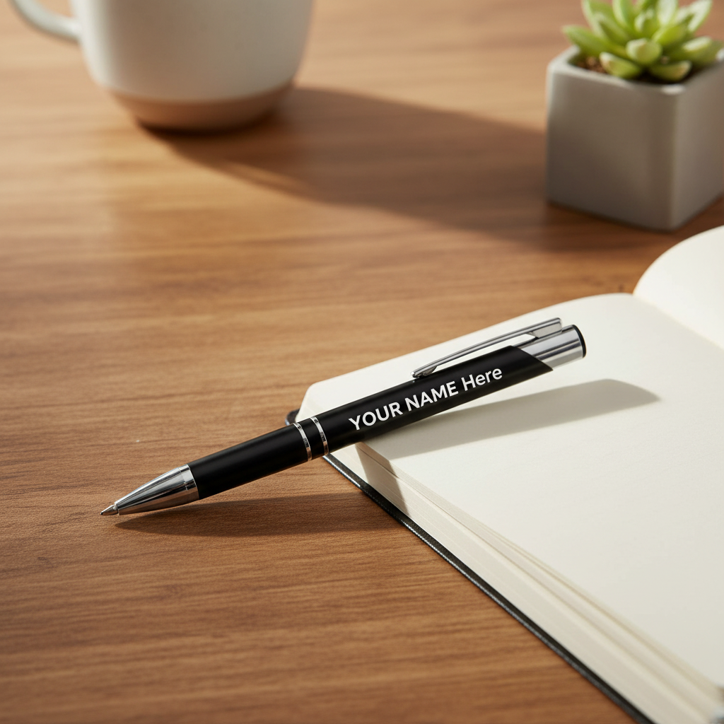Penna in alluminio personalizzabile su scrivania in legno con notebook, lifestyle elegante