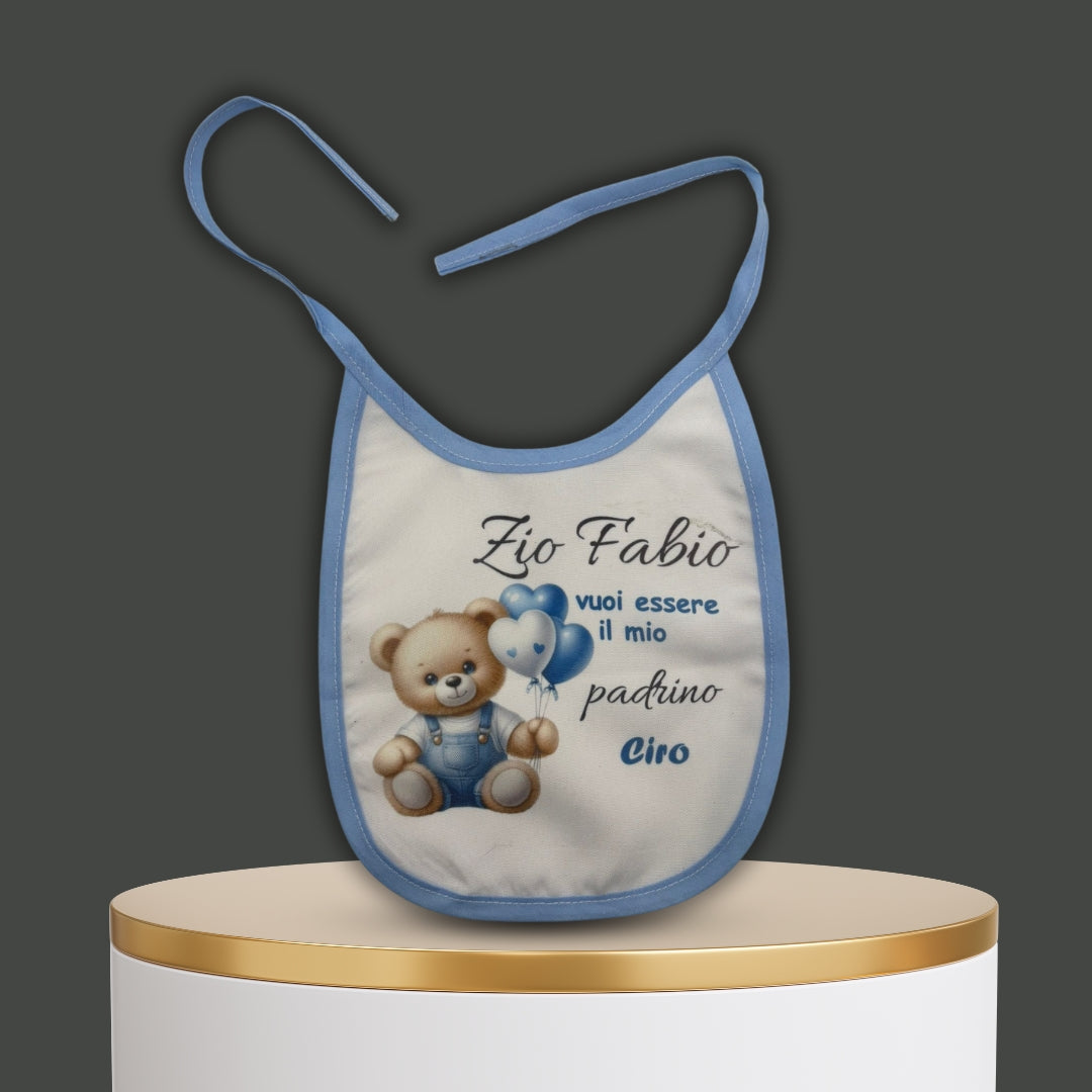 Bavaglino celeste''Orsetto'' personalizzabile con dedica '' VUOI ESSERE LA MIA MADRINA ''