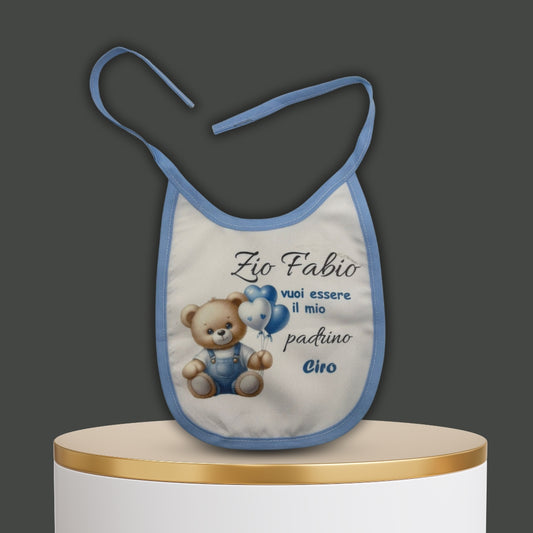 Bavaglino celeste''Orsetto'' personalizzabile con dedica '' VUOI ESSERE LA MIA MADRINA ''