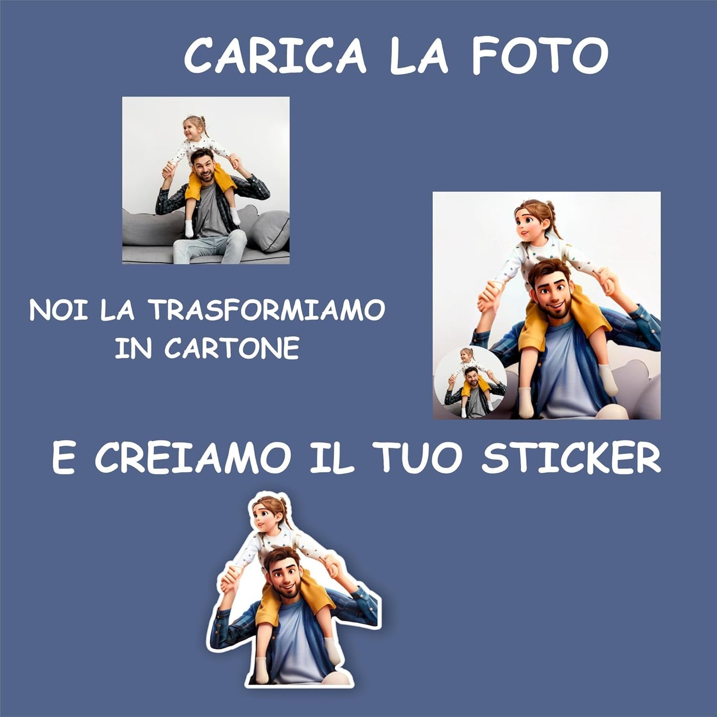 Sticker Personalizzati da Foto in Stile Cartoon – Kit 1 Adesivo 10 cm + 4 Adesivi 5 cm