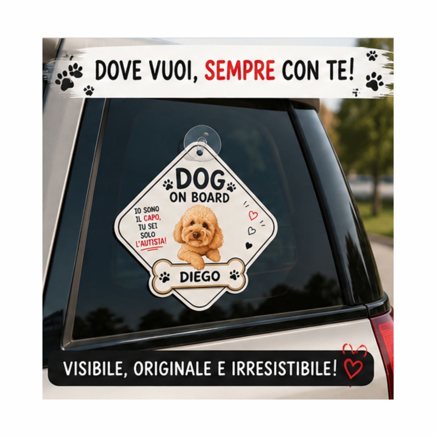 Dove vuoi sempre con te - targhetta Dog on Board sul finestrino