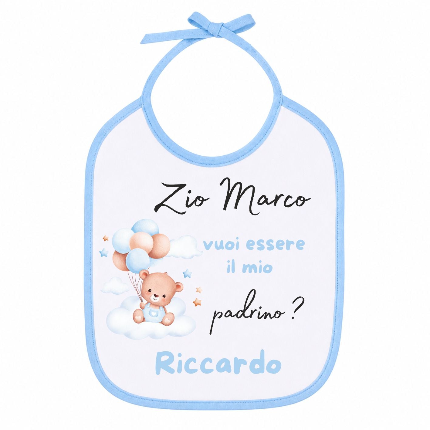 Bavaglino Celeste Personalizzabile "Vuoi essere la mia Madrina/Padrino?" – con Orsetto