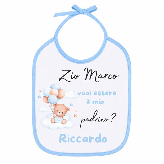 Bavaglino Celeste Personalizzabile "Vuoi essere la mia Madrina/Padrino?" – con Orsetto