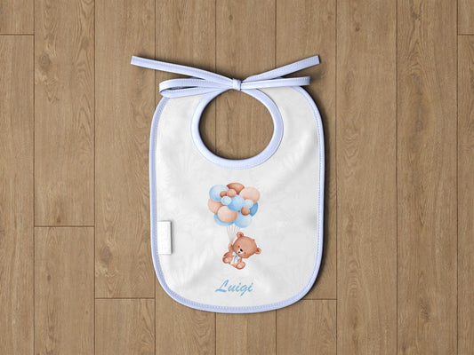 Bavaglino Celeste  ''Orsetto con pallloncini '' personalizzabile con nome