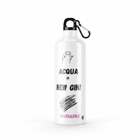 Borraccia Acqua is New Gin sfondo bianco tappo nero