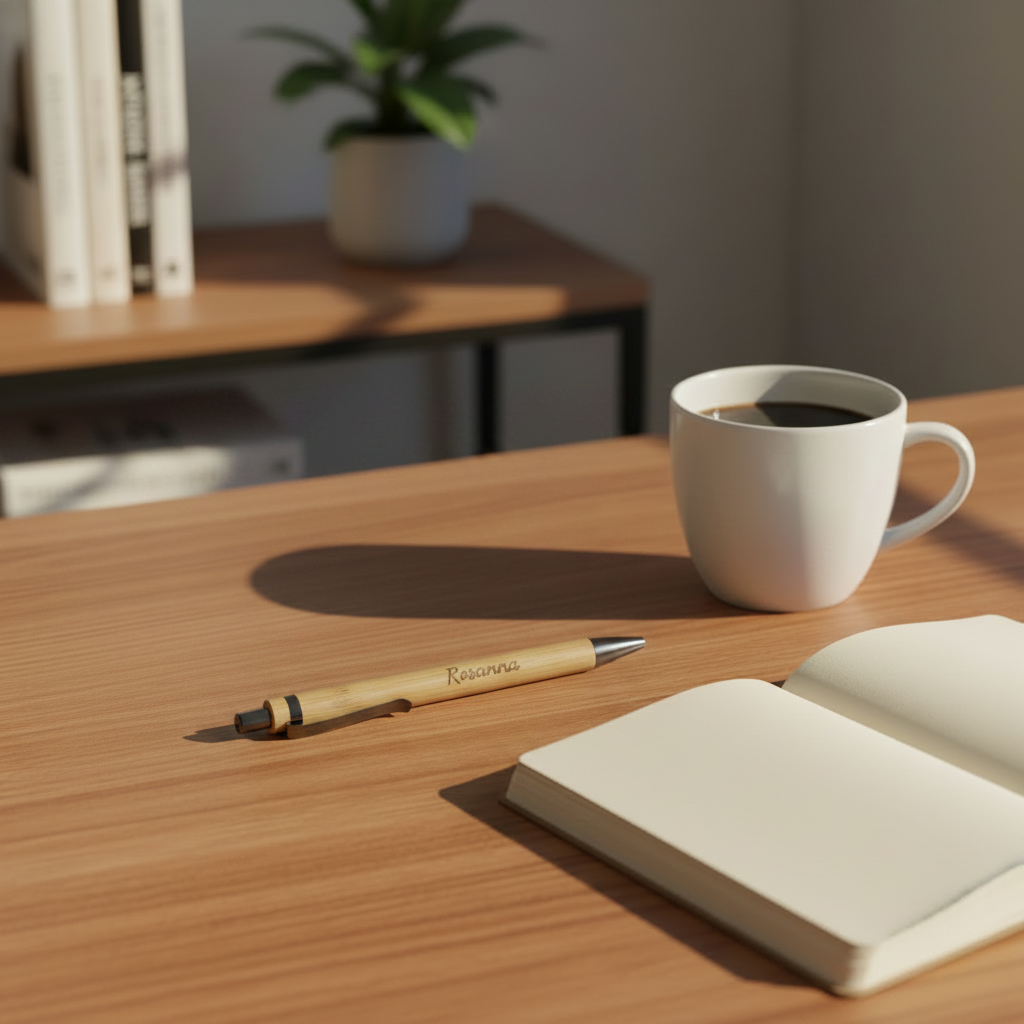 Penna in bamboo personalizzabile su scrivania in legno con notebook e caffè, lifestyle elegante