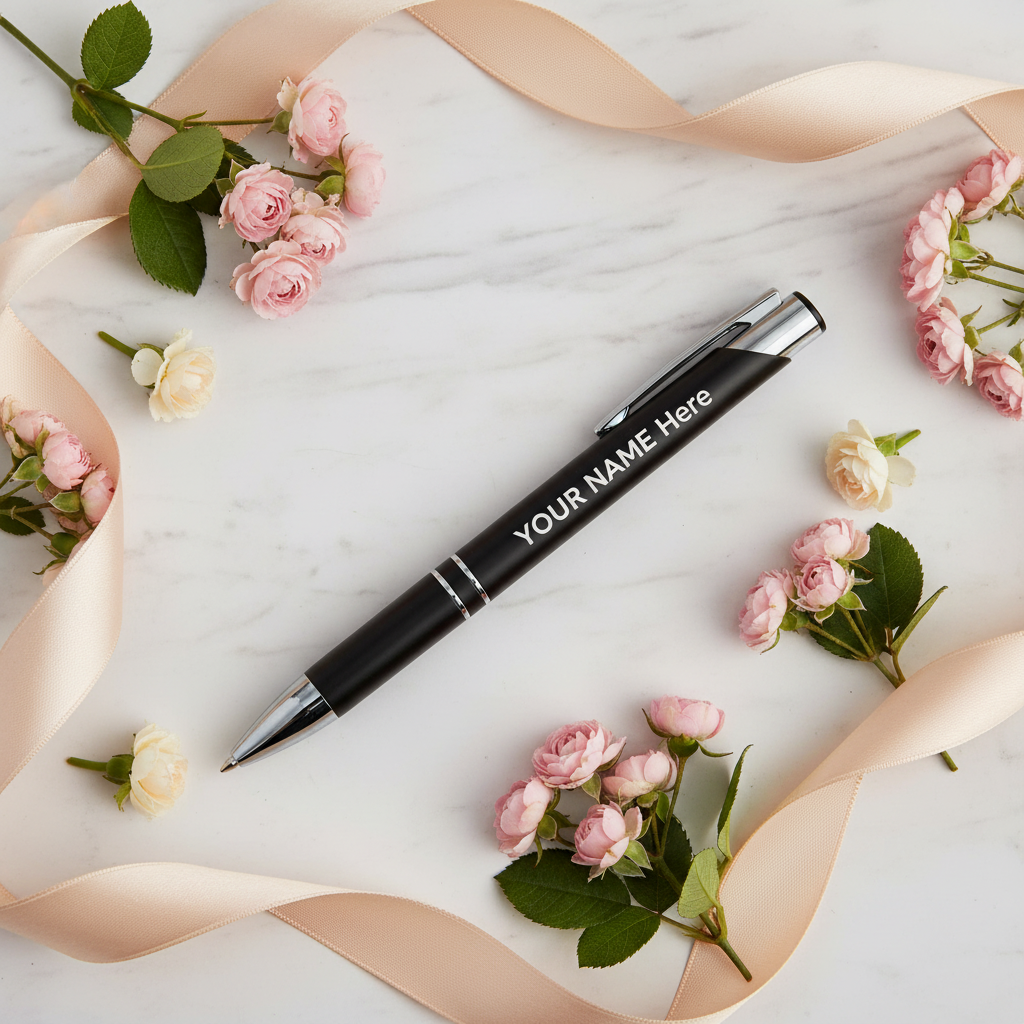 Penna in alluminio nera personalizzata con nome inciso, flat lay su marmo con fiori, idea regalo