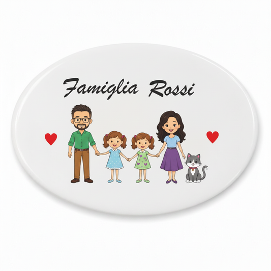 Fuoriporta in ceramica personalizzabile - esempio famiglia con due bambine e gatto