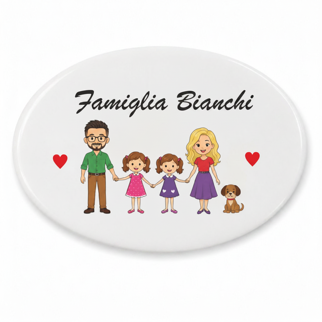 Fuoriporta in ceramica personalizzabile - esempio famiglia con bambino, bambina e cagnolino