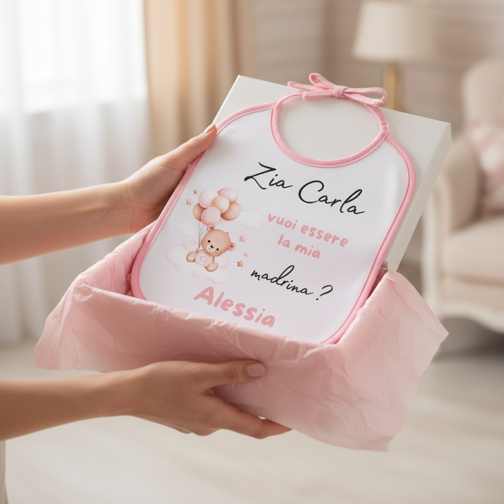 Bavaglino Rosa Personalizzabile "Vuoi essere la mia Madrina/Padrino?" – con Orsetto