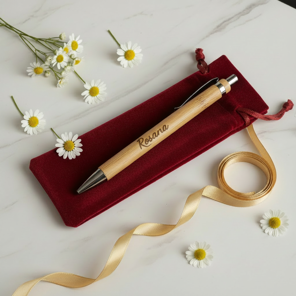 Penna in bamboo personalizzata con incisione laser, flat lay su marmo con fiori, idea regalo elegante